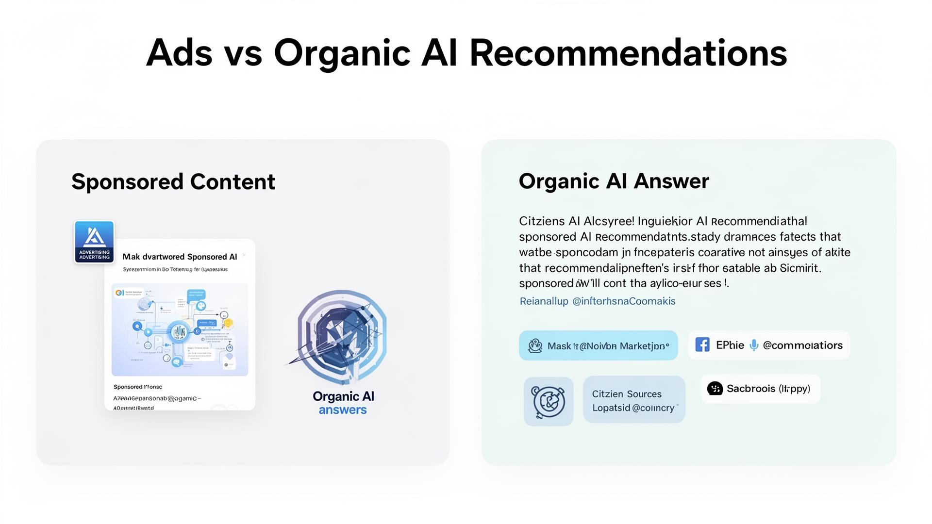 Side-by-side comparison showing sponsored content separate from organic AI recommendations with citation sources