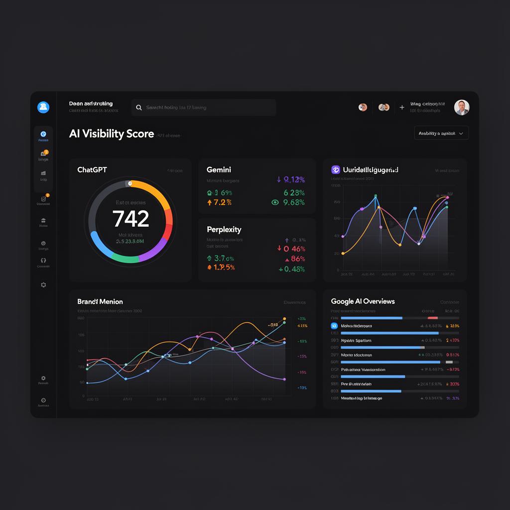 AI visibility dashboard showing brand monitoring metrics across ChatGPT, Gemini, Perplexity, and Google AI Overviews