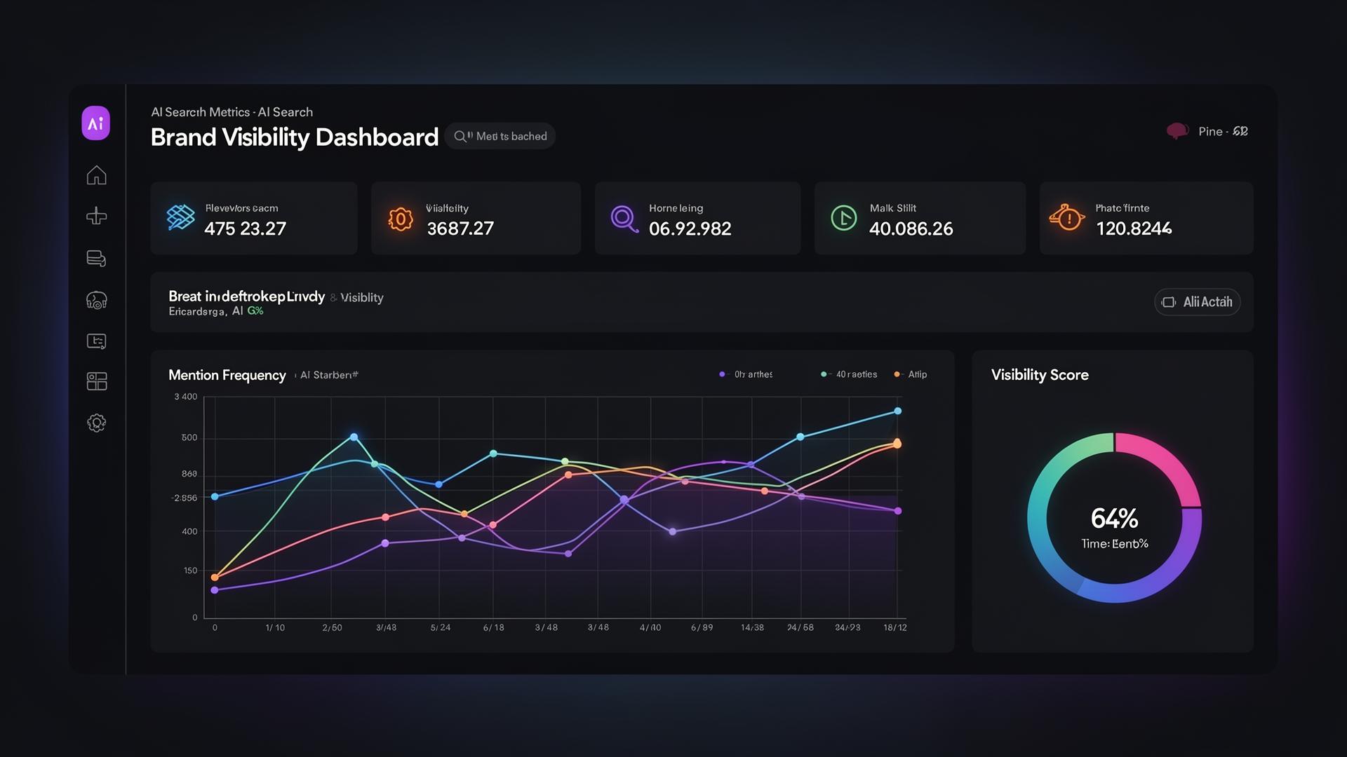 AI visibility dashboard showing brand monitoring metrics and mention frequency over time