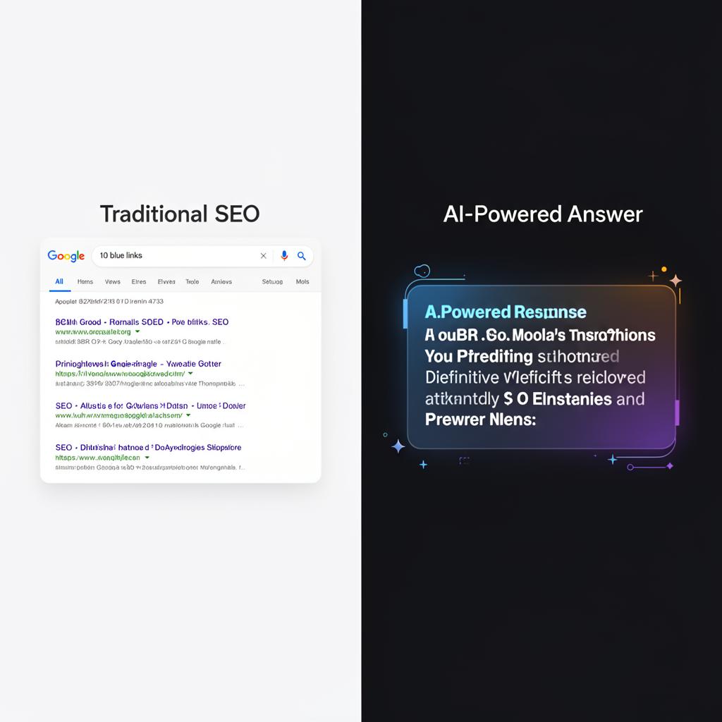 Side-by-side comparison of traditional SEO with 10 blue links versus AI-powered search with a single definitive answer
